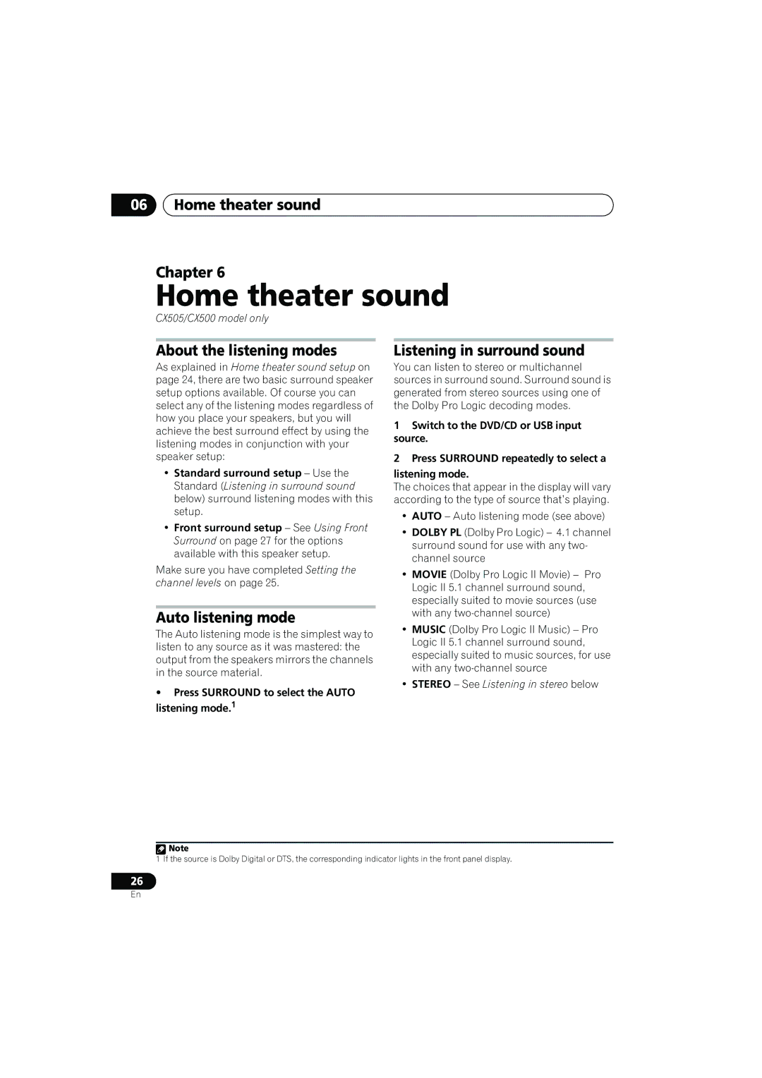 Pioneer CX505 Home theater sound Chapter, About the listening modes, Auto listening mode, Listening in surround sound 