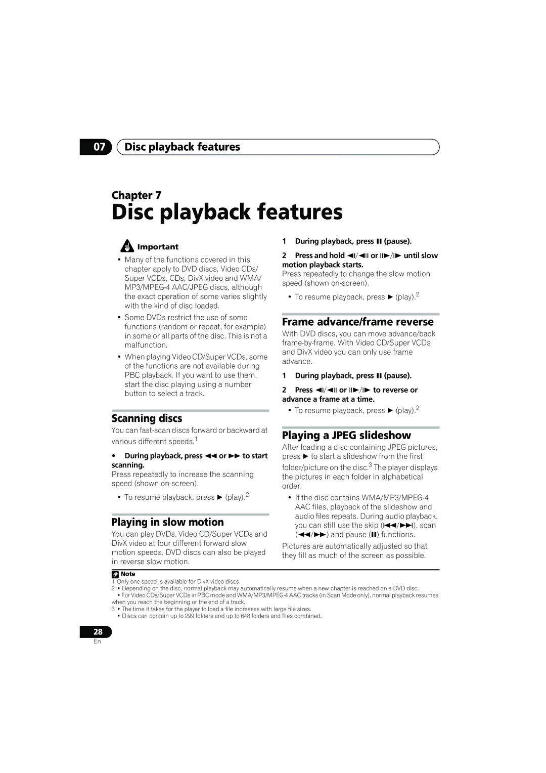 Pioneer S-CX303 Disc playback features Chapter, Scanning discs Frame advance/frame reverse, Playing in slow motion 