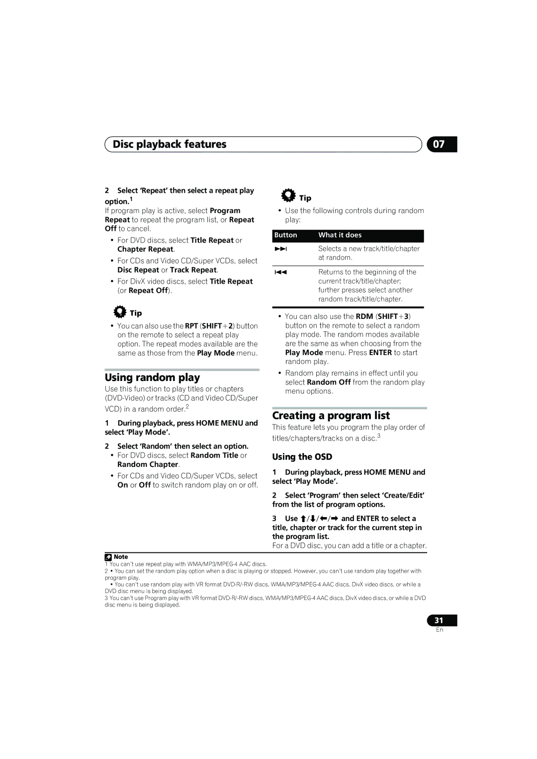 Pioneer XV-CX505, S-CX505, S-CX303, S-CX500, XV-CX303, XV-CX500 manual Using random play, Creating a program list, Using the OSD 