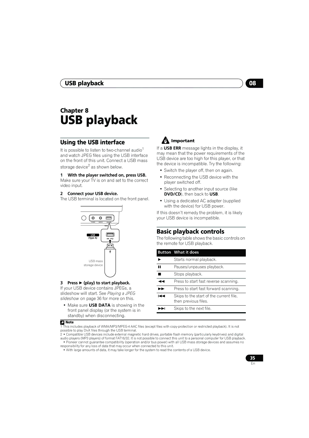 Pioneer S-CX505, S-CX303, S-CX500, XV-CX303 USB playback Chapter, Using the USB interface, Basic playback controls 