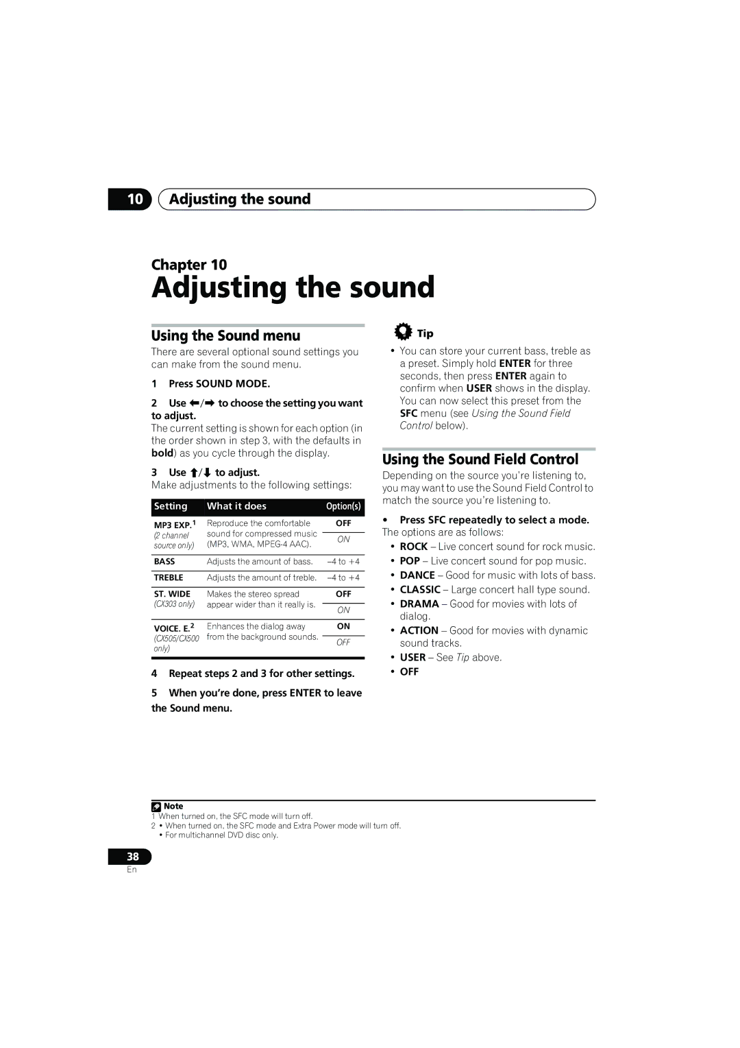 Pioneer S-CX500, S-CX505, S-CX303 Adjusting the sound Chapter, Using the Sound menu, Using the Sound Field Control, Off 