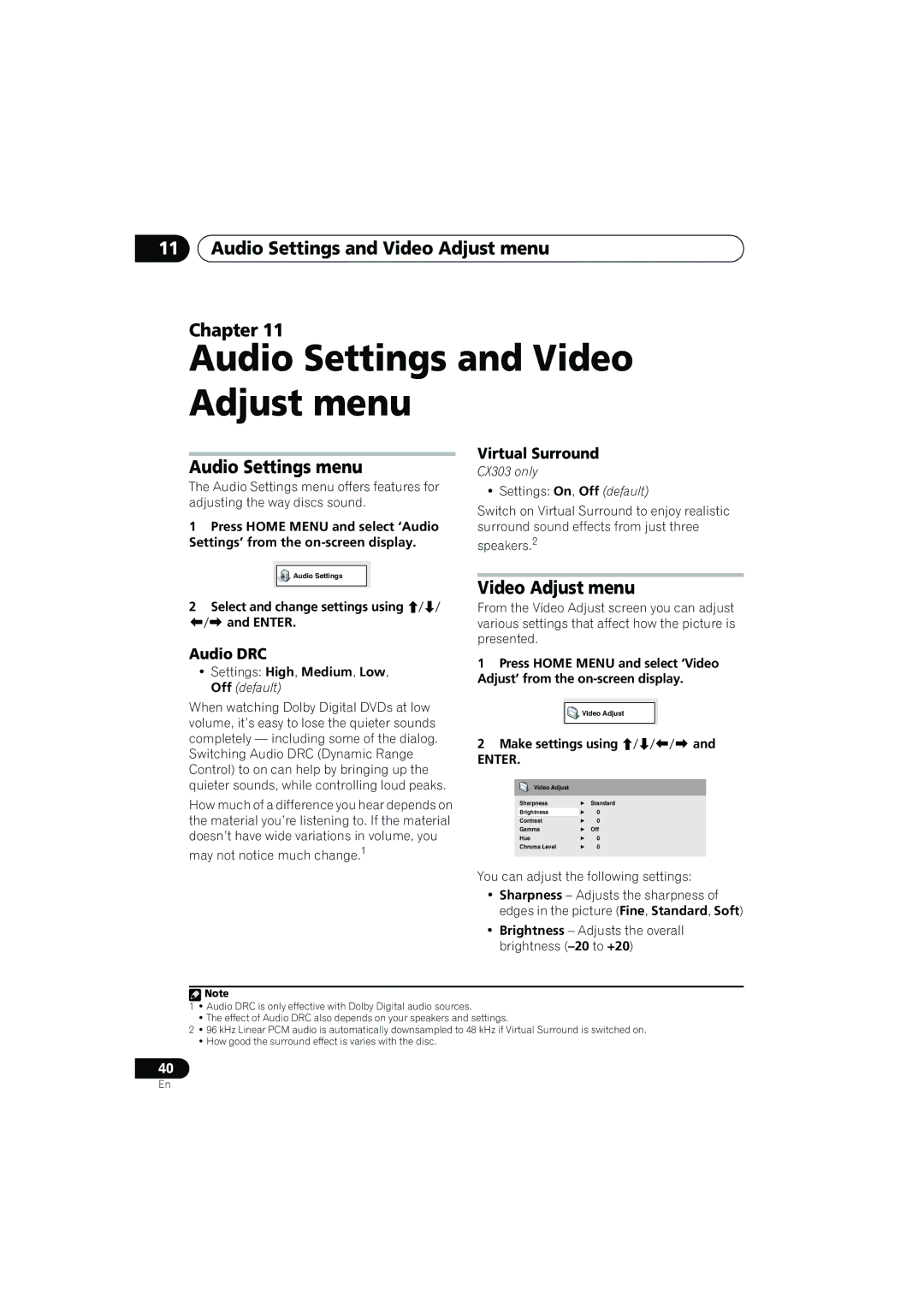 Pioneer XV-CX505, S-CX505, S-CX303, S-CX500, XV-CX303 Audio Settings and Video Adjust menu Chapter, Audio Settings menu 