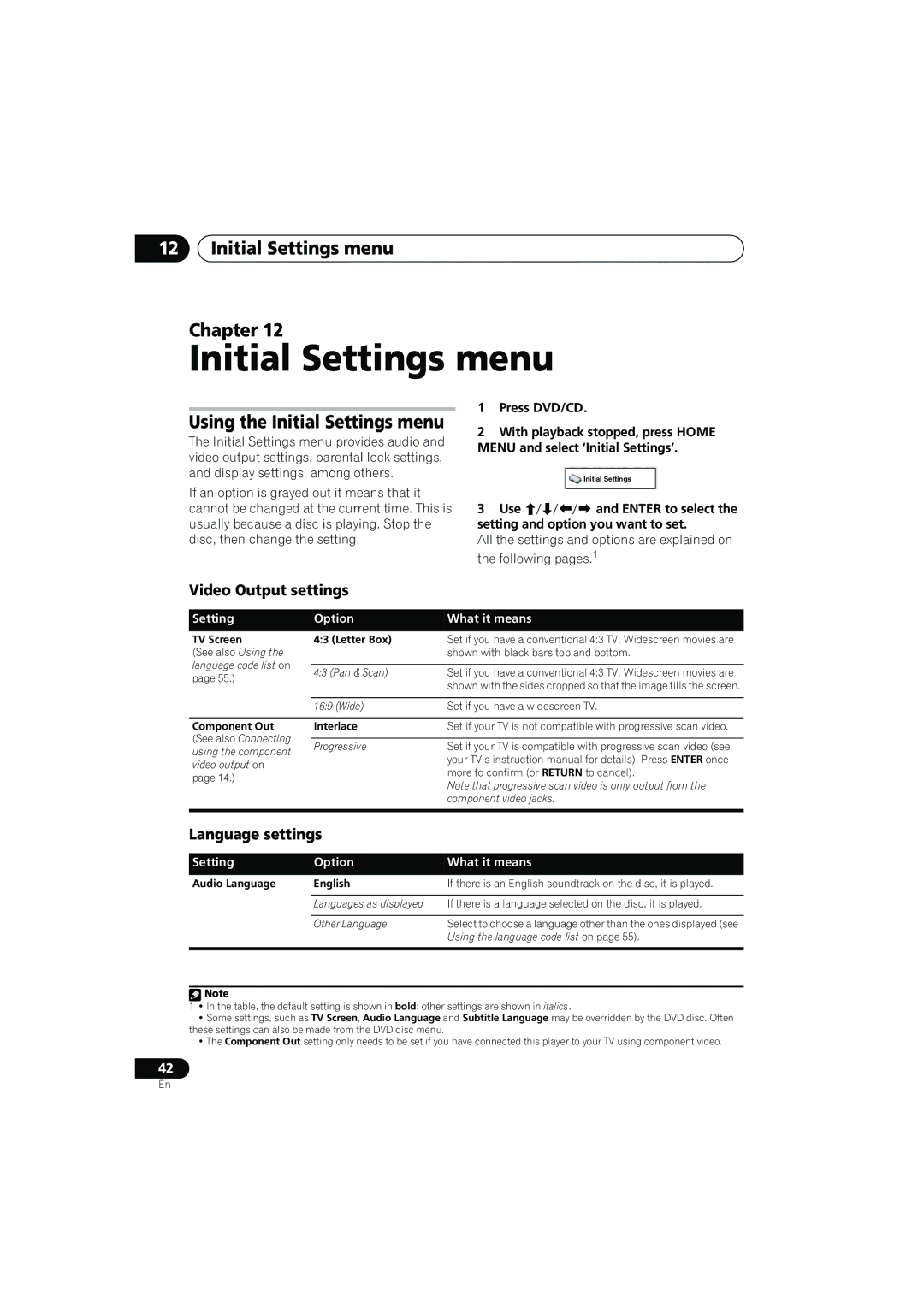 Pioneer CX500 Initial Settings menu Chapter, Using the Initial Settings menu, Video Output settings, Language settings 