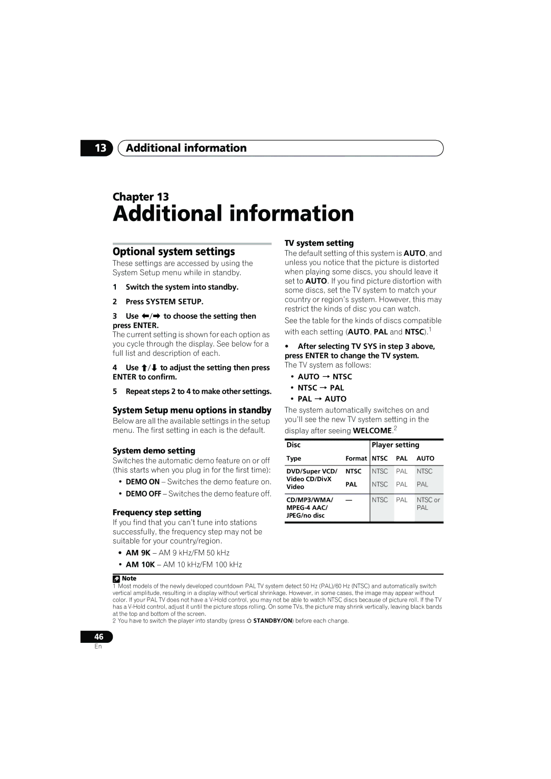 Pioneer S-CX303, CX500 Additional information Chapter, Optional system settings, System Setup menu options in standby 