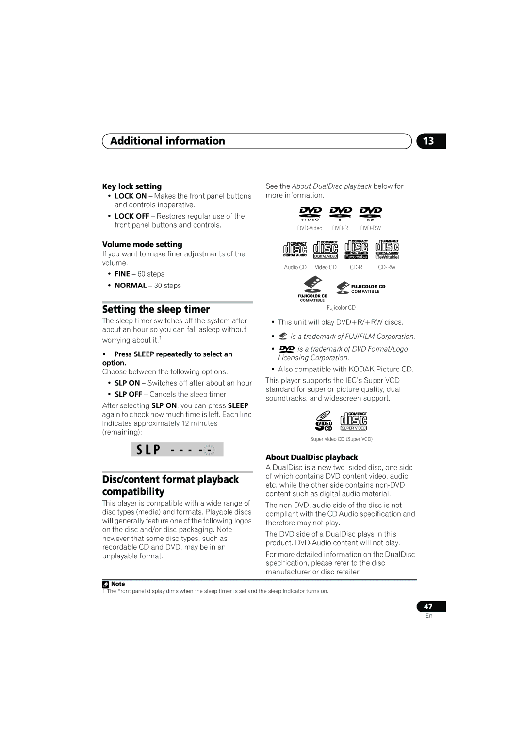 Pioneer S-CX500, S-CX505, CX303 Additional information, Setting the sleep timer, Disc/content format playback compatibility 