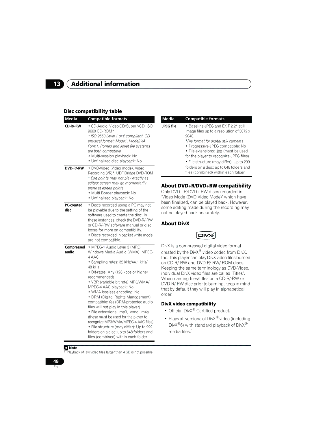 Pioneer XV-CX303, S-CX505 Disc compatibility table, About DVD+R/DVD+RW compatibility, About DivX, DivX video compatibility 