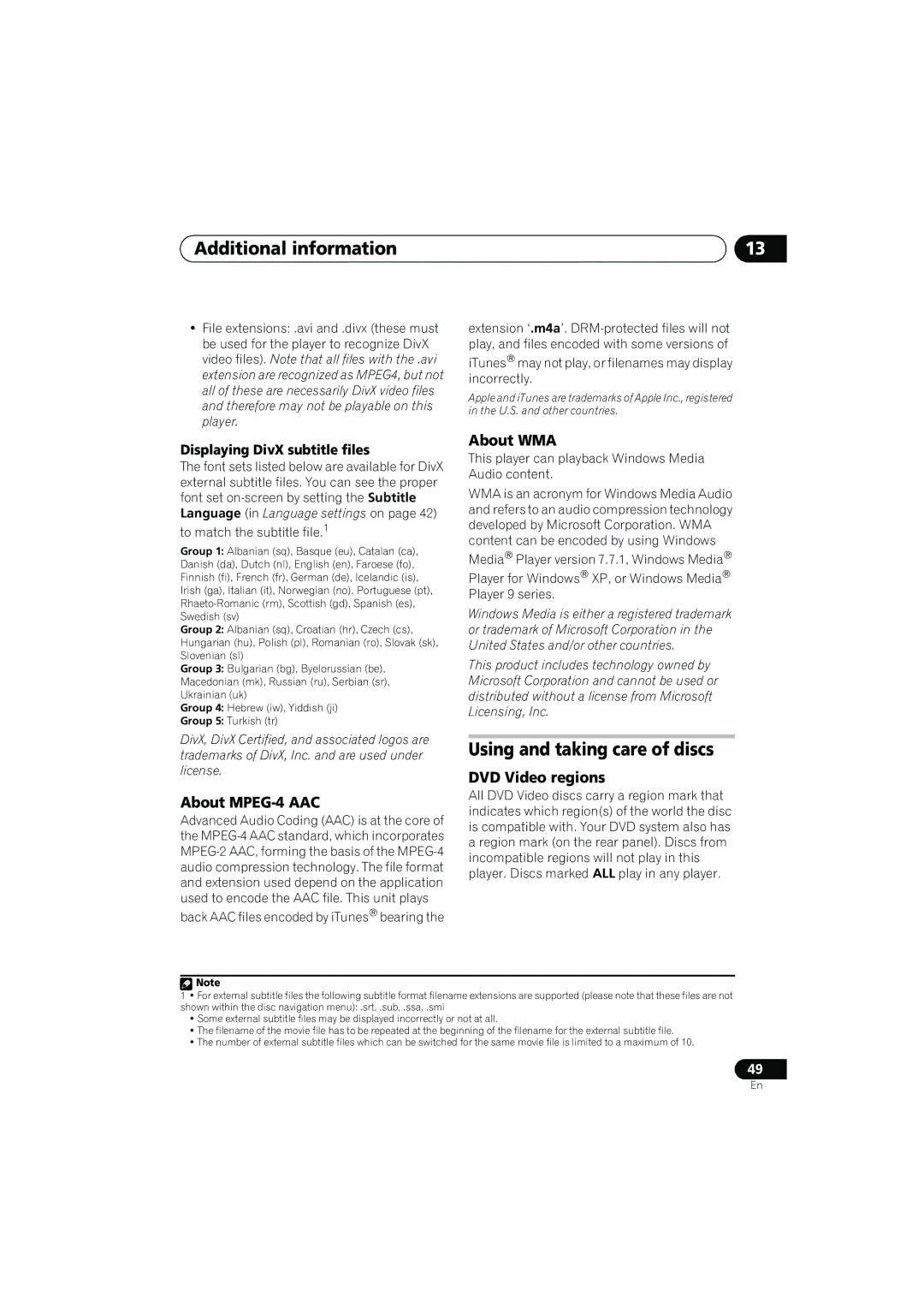 Pioneer XV-CX505, S-CX505, S-CX303, S-CX500 Using and taking care of discs, About MPEG-4 AAC, About WMA, DVD Video regions 