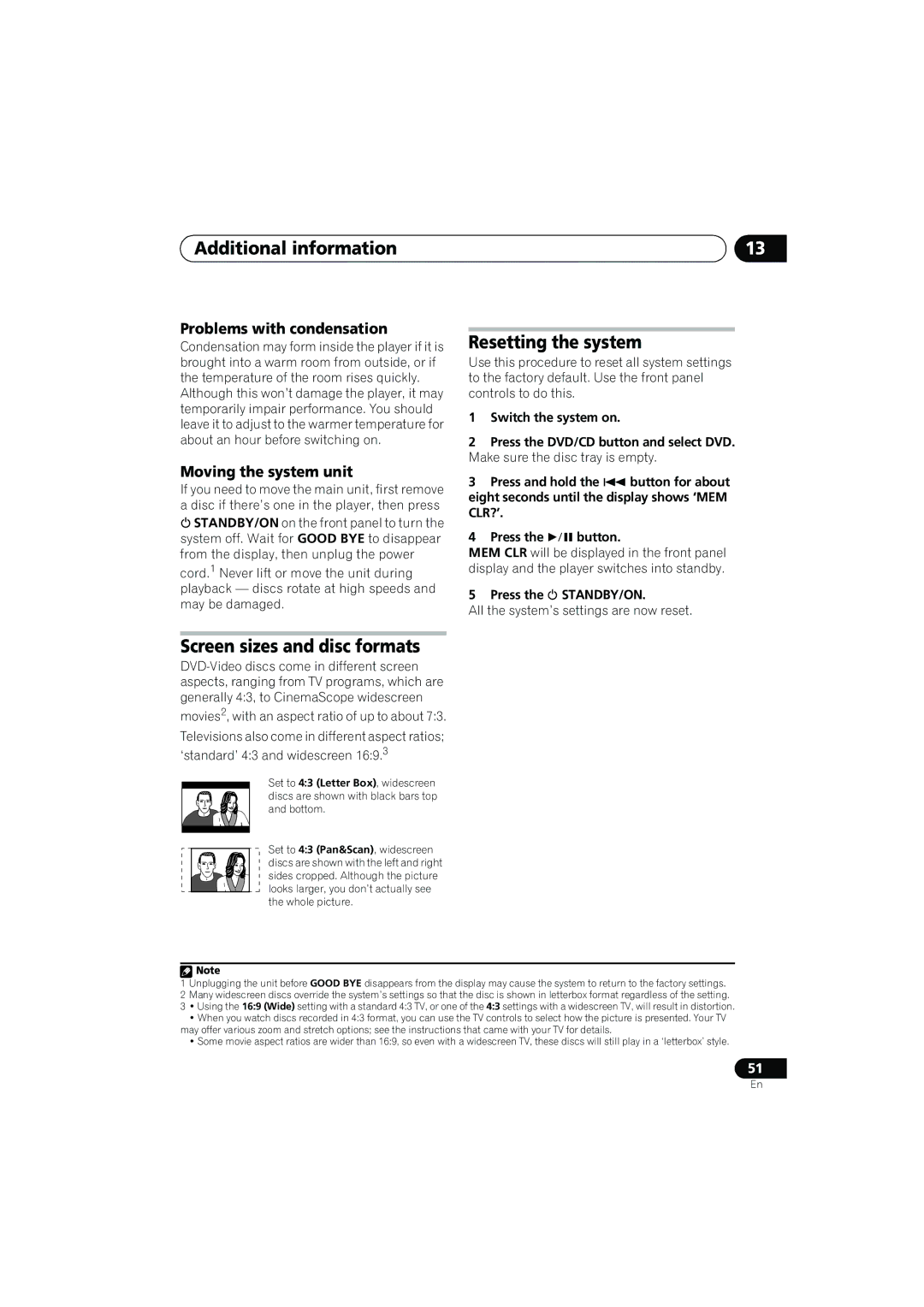 Pioneer CX500 Resetting the system, Screen sizes and disc formats, Problems with condensation, Moving the system unit 