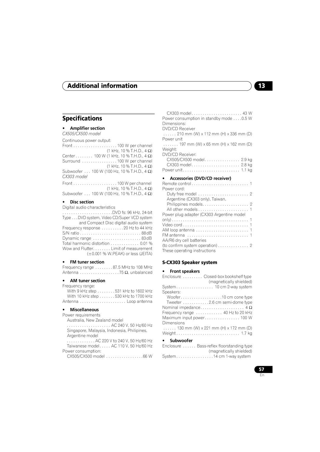 Pioneer XV-CX303, S-CX505, S-CX303, S-CX500, XV-CX505, XV-CX500 Additional information Specifications, CX303 Speaker system 