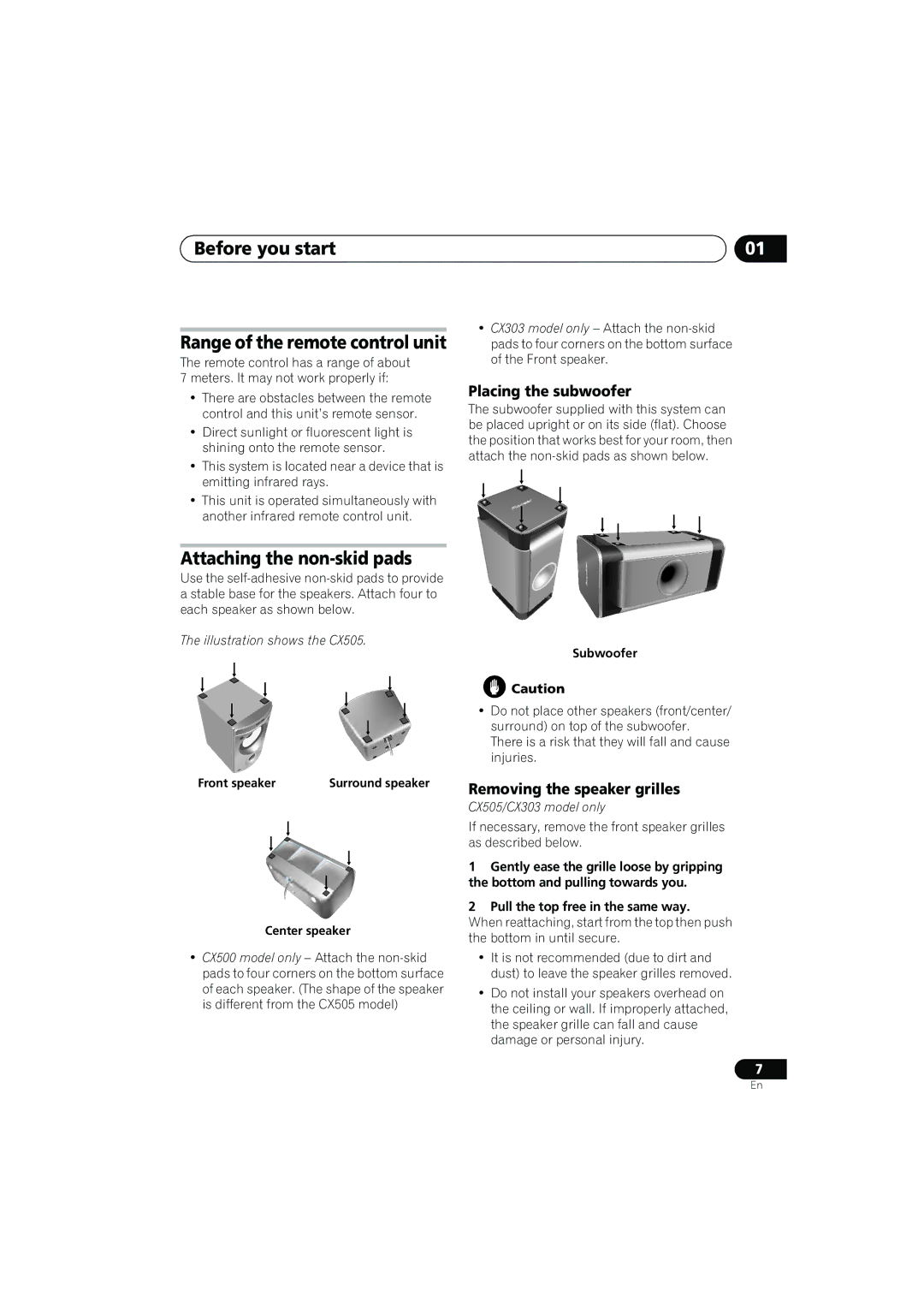 Pioneer CX303, CX500 Before you start Range of the remote control unit, Attaching the non-skid pads, Placing the subwoofer 