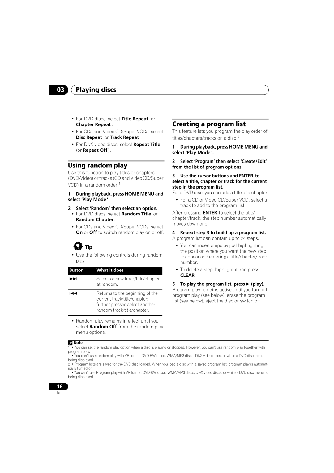 Pioneer S-DV131, S-DV232T manual Using random play, Creating a program list, Clear, To play the program list, press play 