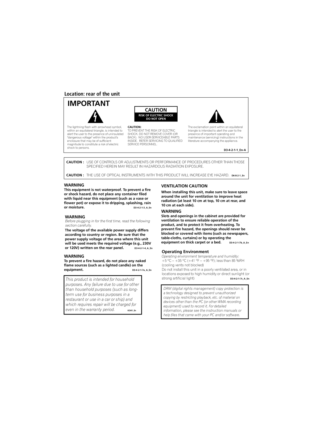 Pioneer S-DV131, S-DV232T manual Location rear of the unit, Ventilation Caution, Operating Environment 