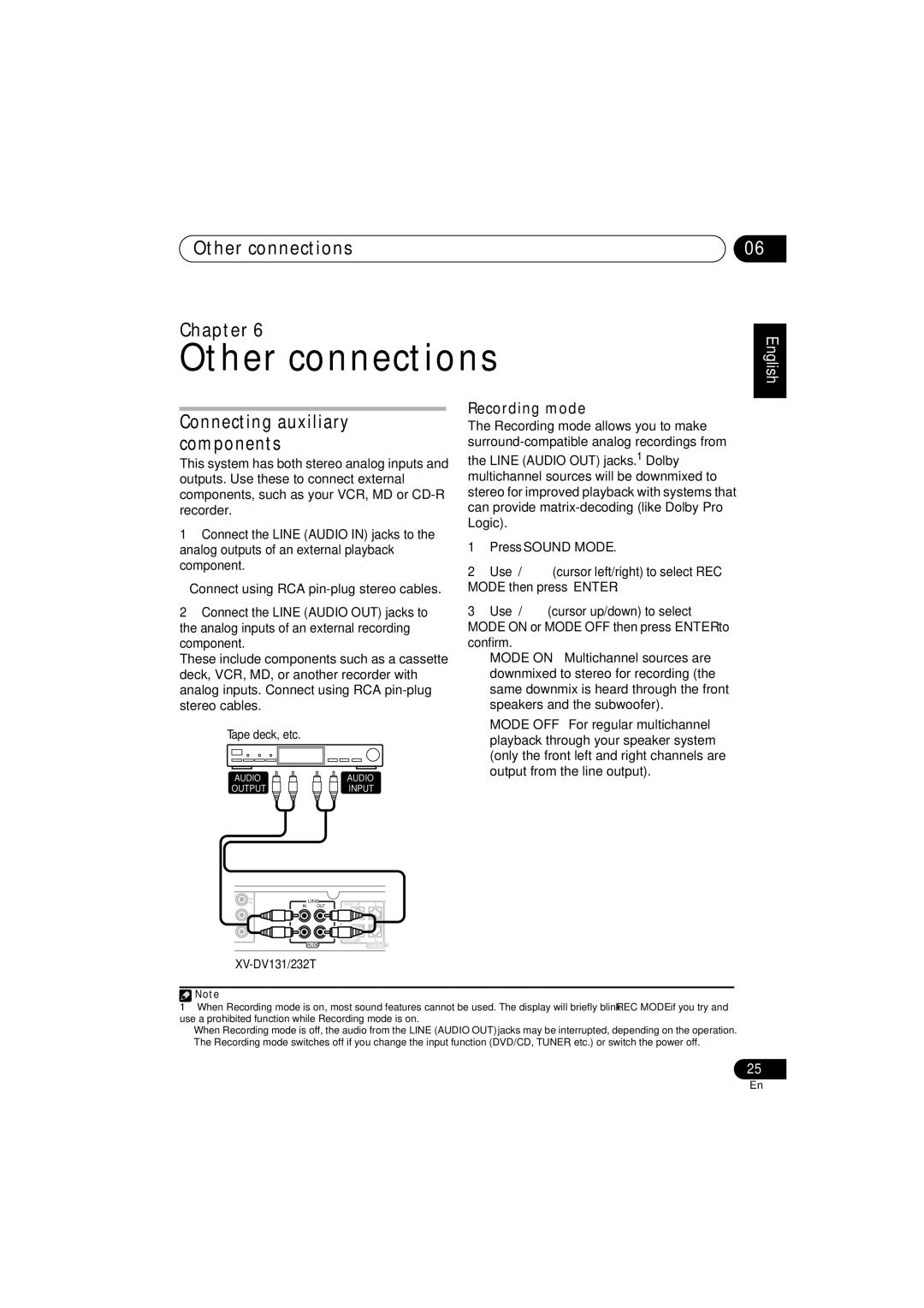 Pioneer S-DV232T Other connections Chapter, Recording mode, Connect using RCA pin-plug stereo cables, XV-DV131/232T 