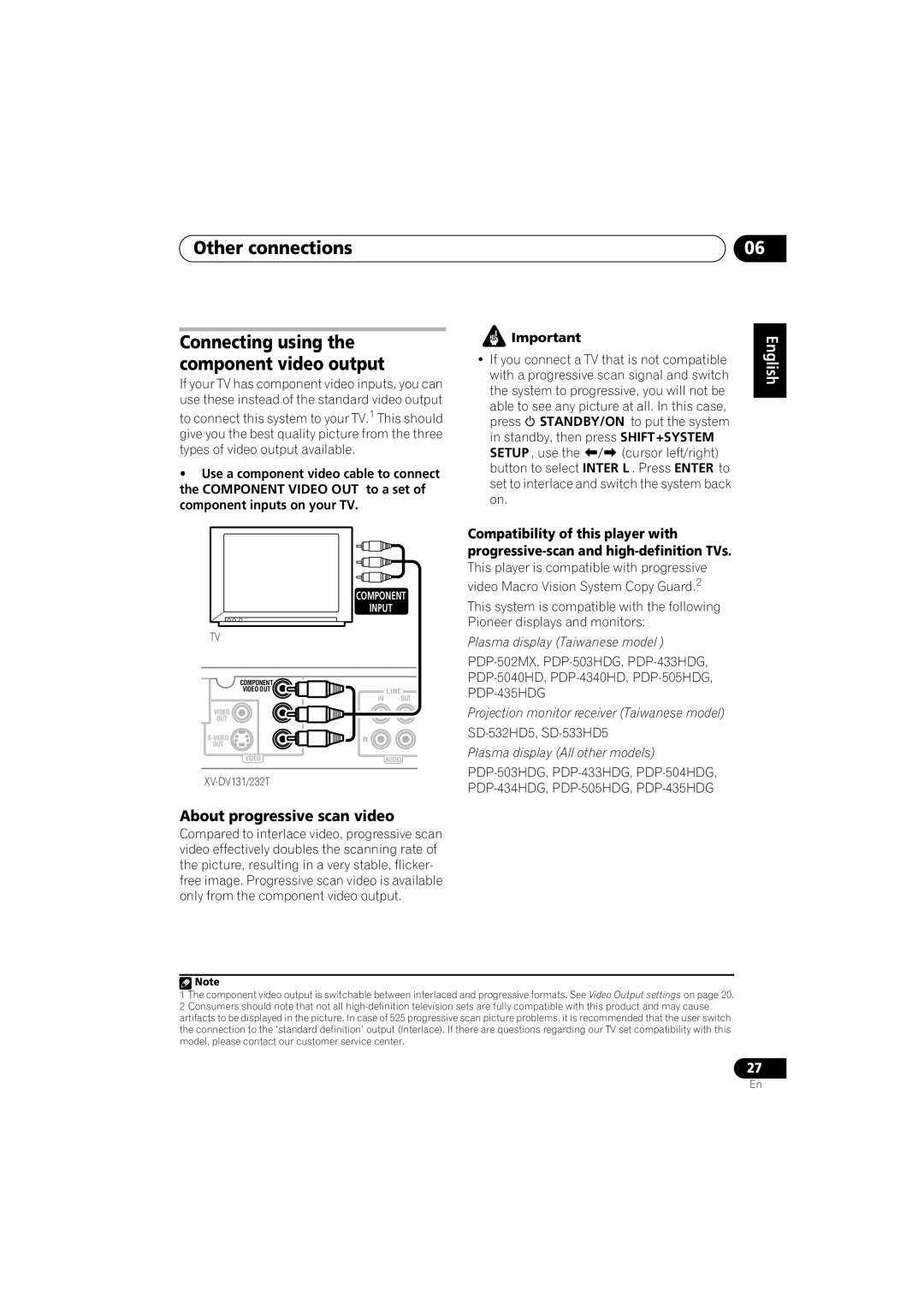 Pioneer S-DV232T, S-DV131 manual Other connections, About progressive scan video, If you connect a TV that is not compatible 