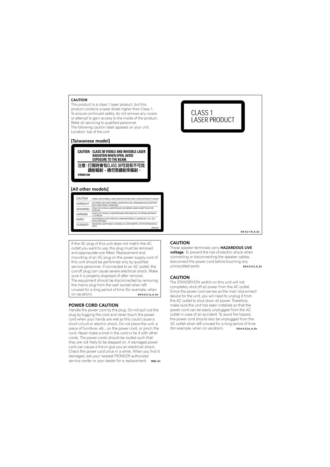 Pioneer S-DV232T, S-DV131 manual Taiwanese model, All other models, Power Cord Caution 