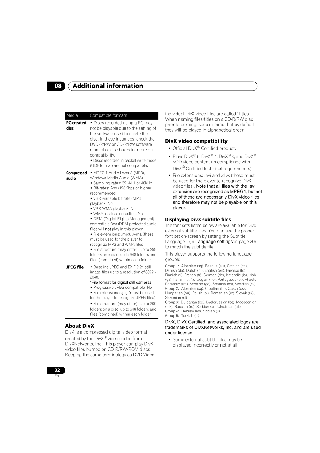 Pioneer S-DV131, S-DV232T manual Additional information, About DivX, DivX video compatibility 