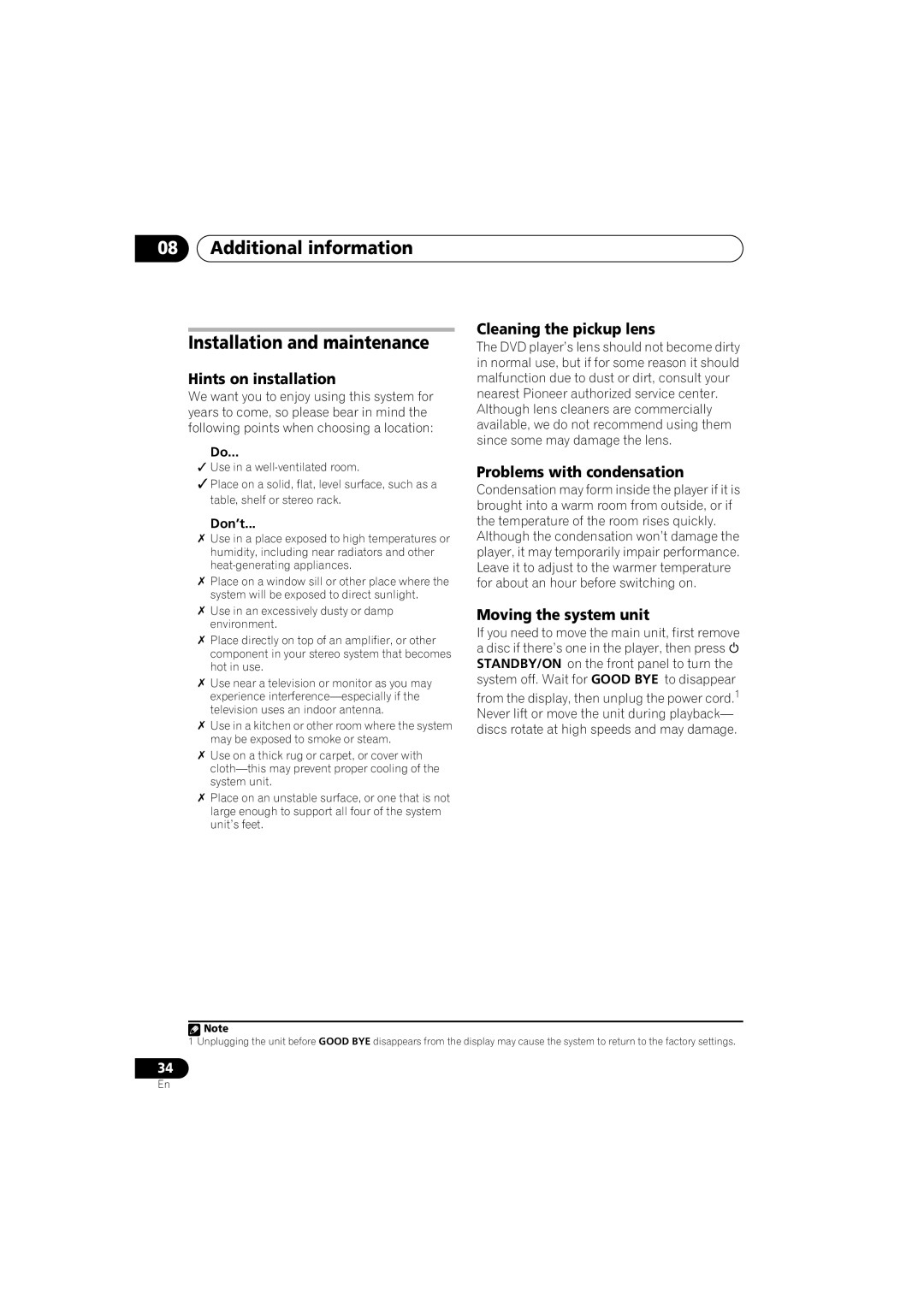 Pioneer S-DV131 manual Additional information Installation and maintenance, Hints on installation, Cleaning the pickup lens 