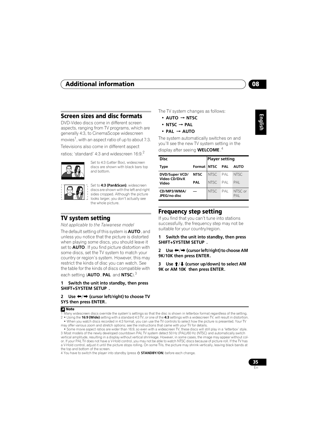 Pioneer S-DV232T Additional information Screen sizes and disc formats, TV system setting, Frequency step setting, Auto 