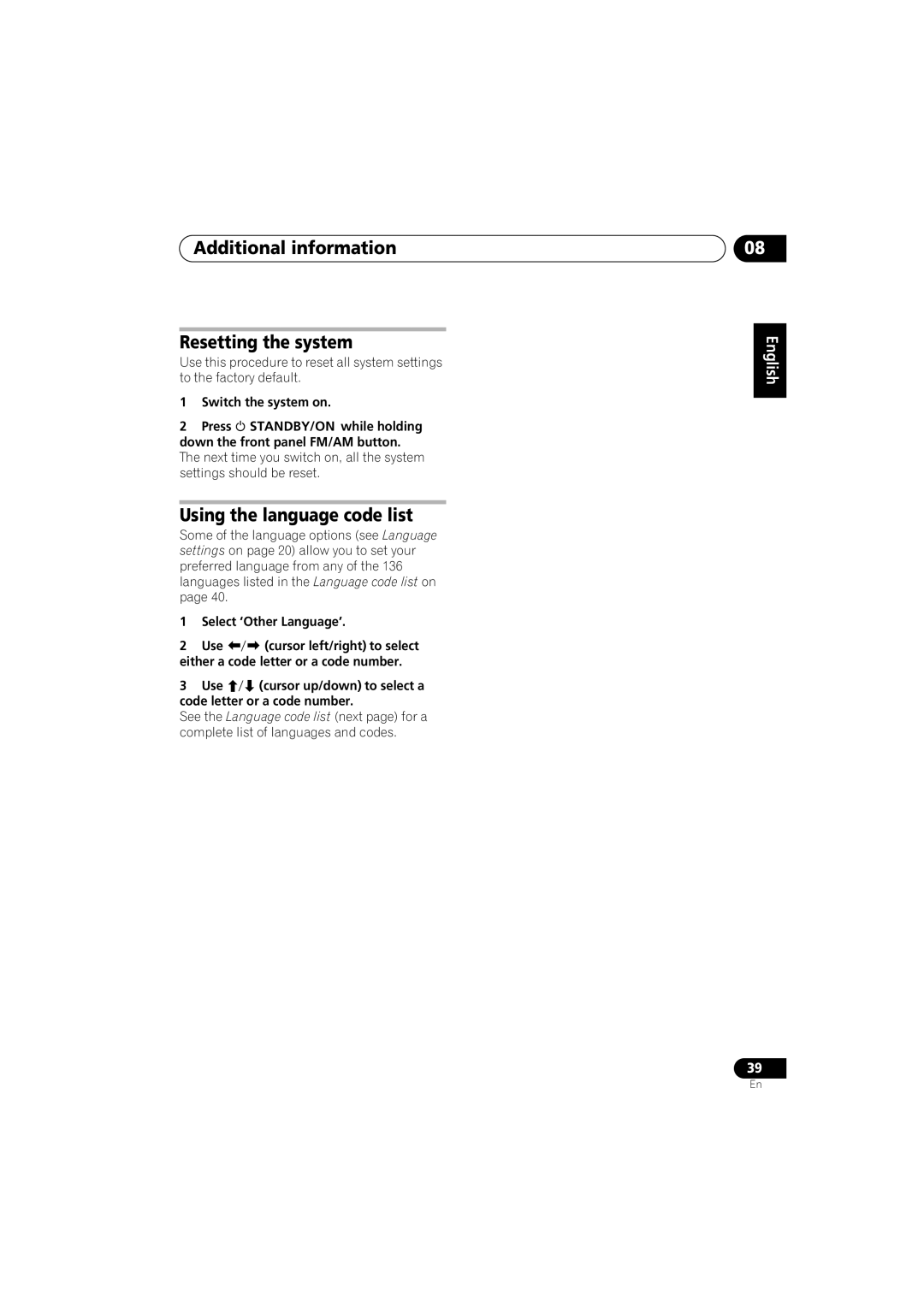 Pioneer S-DV232T manual Additional information Resetting the system, Using the language code list, Select ‘Other Language’ 