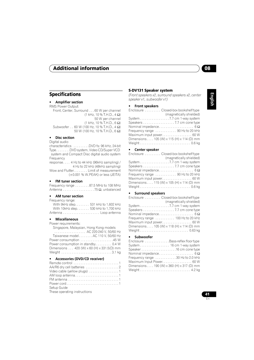 Pioneer S-DV232T, S-DV131 manual Additional information Specifications 