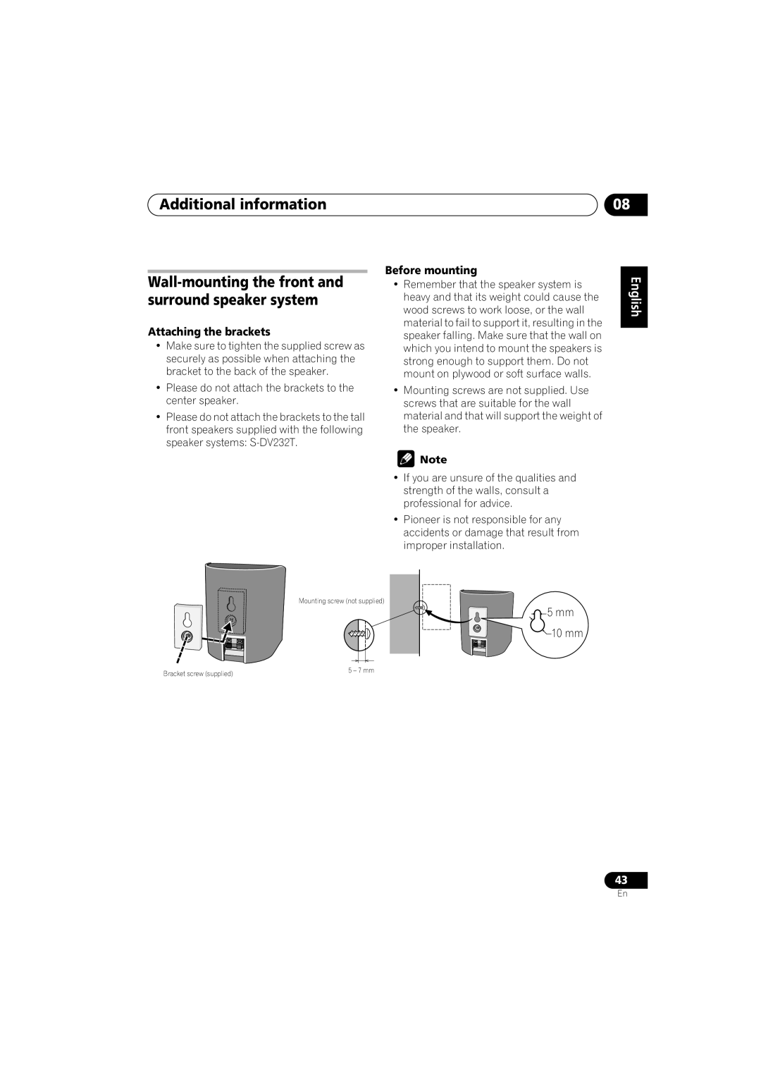 Pioneer S-DV232T, S-DV131 manual Wall-mounting the front and surround speaker system, Mm 10 mm 