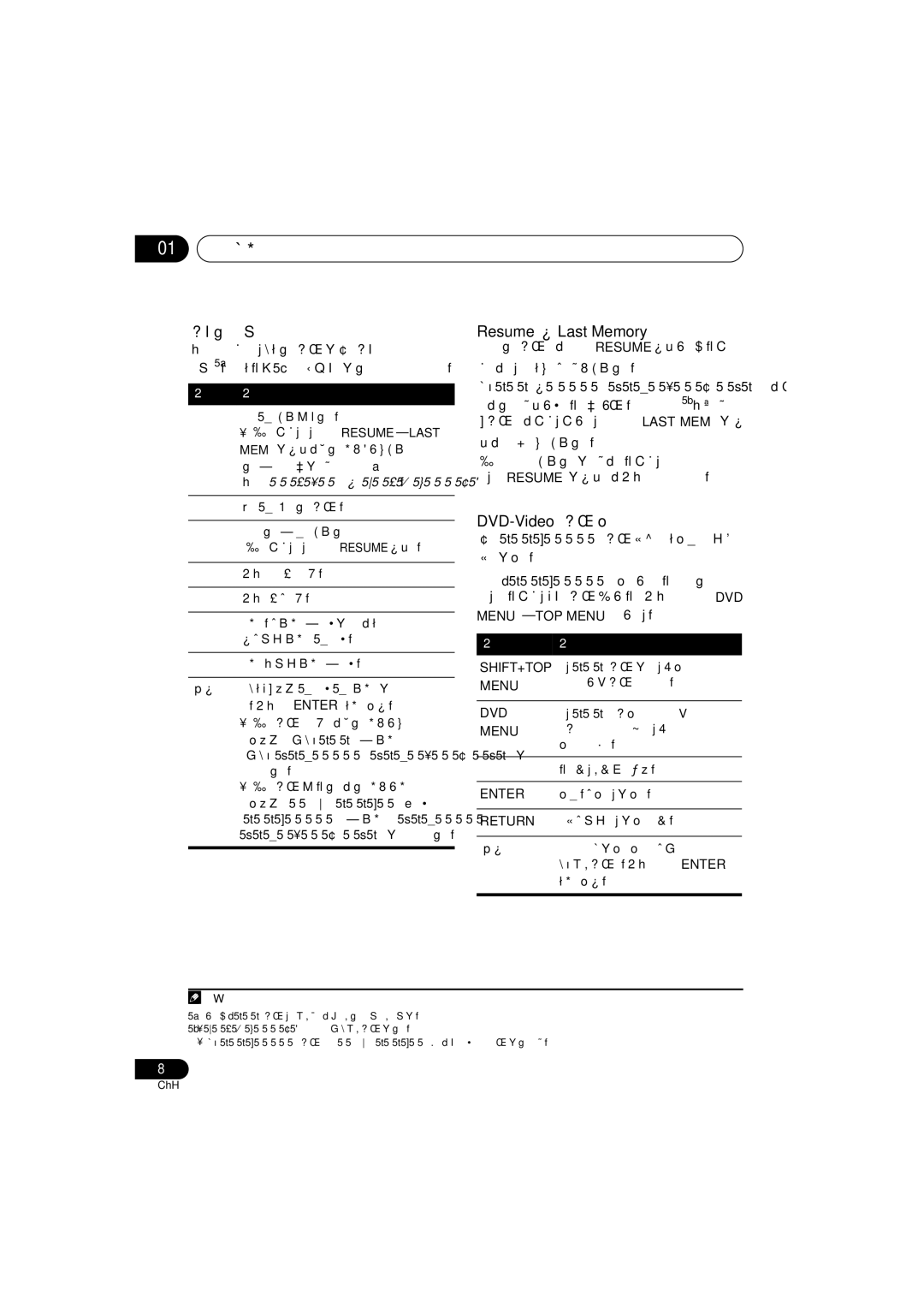 Pioneer S-DV131, S-DV232T manual 基本播放控制, Resume 及 Last Memory, DVD-Video 碟片選單, Menu 或 TOP Menu 時才會顯示。 