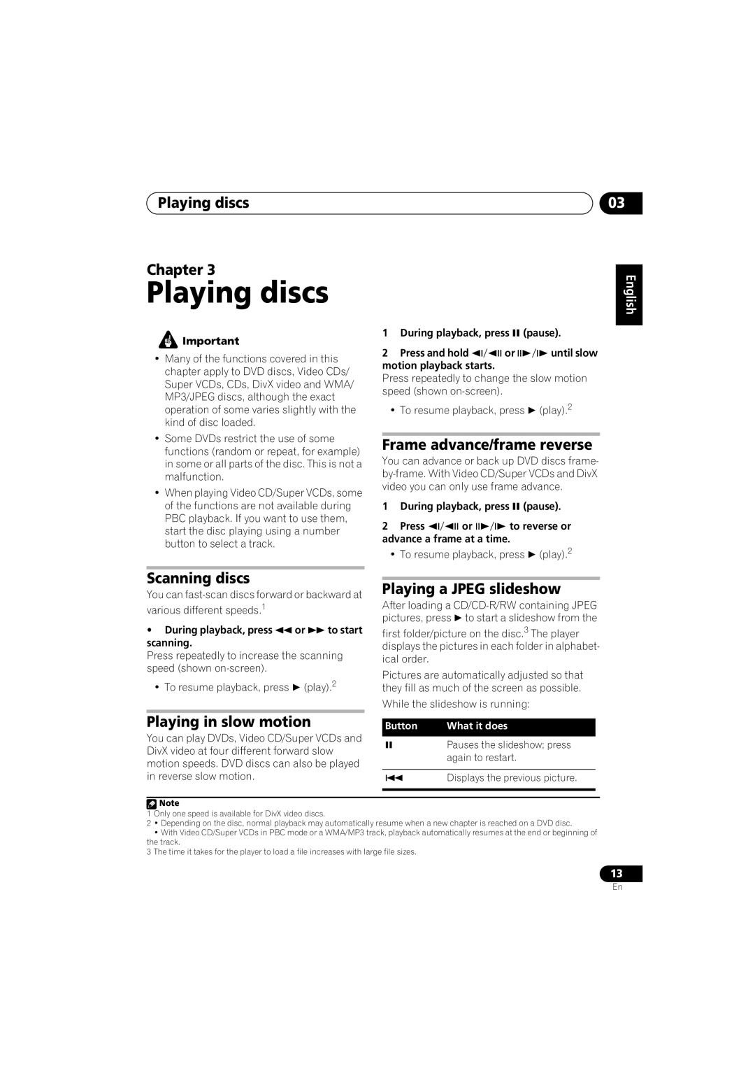 Pioneer S-DV232T, S-DV131 Playing discs Chapter, Frame advance/frame reverse, Scanning discs, Playing a JPEG slideshow 