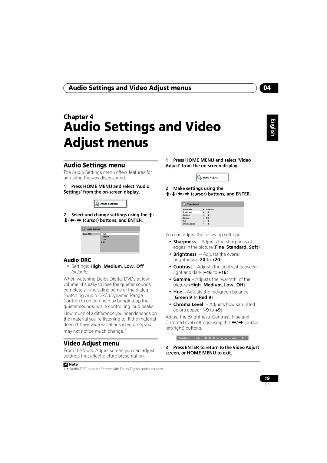 Pioneer S-DV232T, S-DV131 manual Audio Settings and Video Adjust menus Chapter, Audio Settings menu, Audio DRC, English 