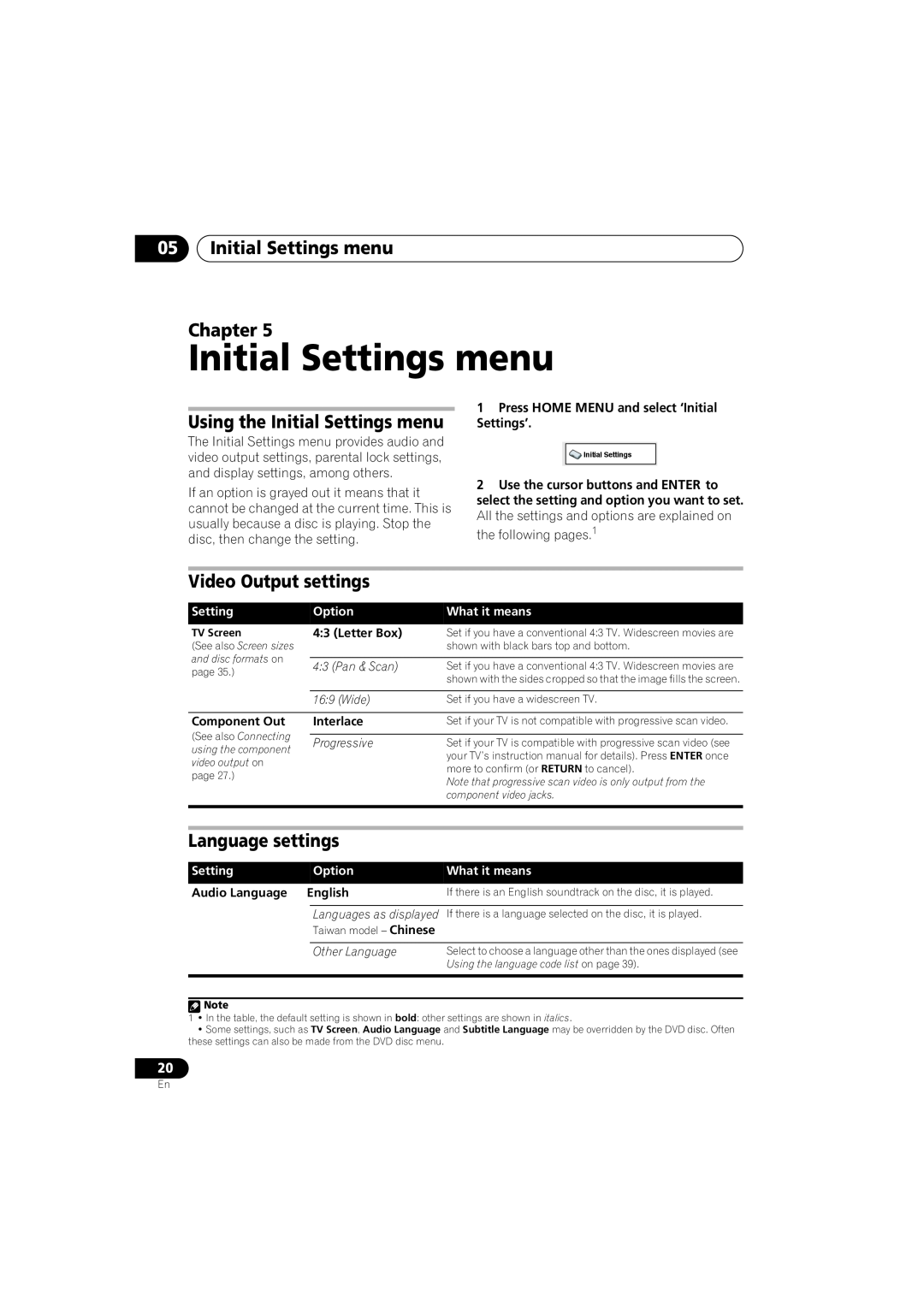 Pioneer S-DV131 05Initial Settings menu Chapter, Using the Initial Settings menu, Video Output settings, 16 9 Wide 
