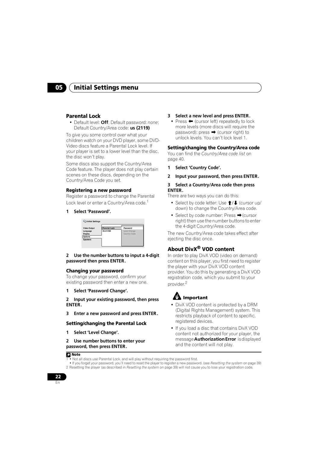Pioneer S-DV131, S-DV232T manual 05Initial Settings menu, Parental Lock, About DivX VOD content, Registering a new password 