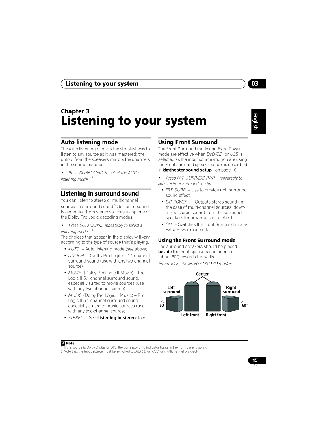 Pioneer S-DV373, S-DV272T, S-DV3SW Listening to your system Chapter, Auto listening mode, Listening in surround sound 