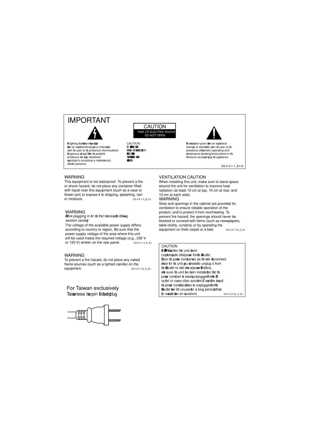 Pioneer S-DV373, S-DV272T, S-DV3SW, S-DV170, S-DV270T, XV-DV270 For Taiwan exclusively, Risk of Electric Shock Do not Open 