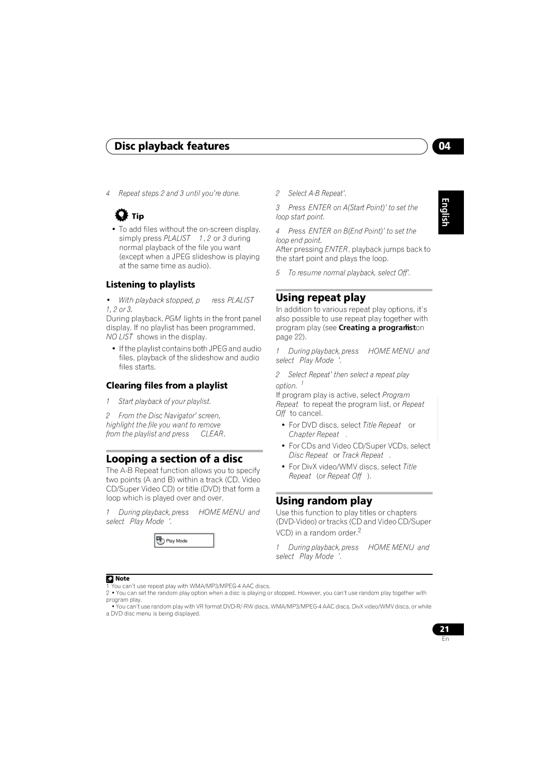 Pioneer XV-DV272, S-DV272T manual Using repeat play, Looping a section of a disc, Using random play, Listening to playlists 