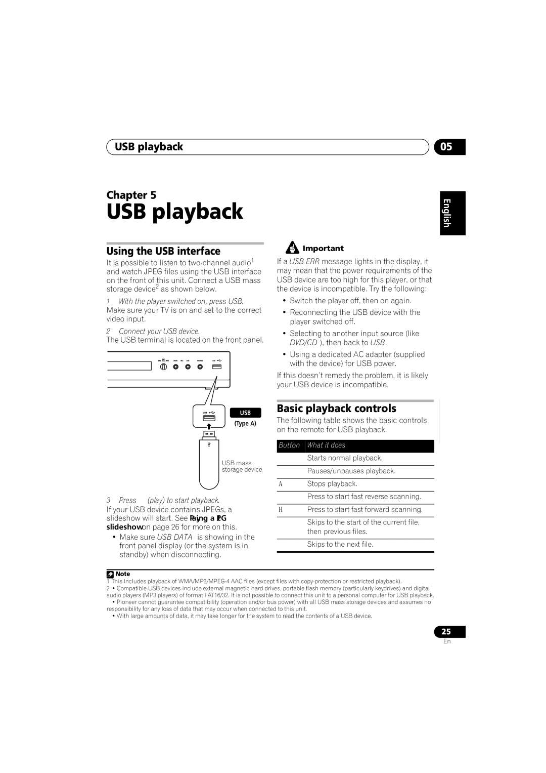 Pioneer HTZ171DVD, S-DV272T, S-DV3SW, S-DV373 USB playback Chapter, Using the USB interface, Basic playback controls 