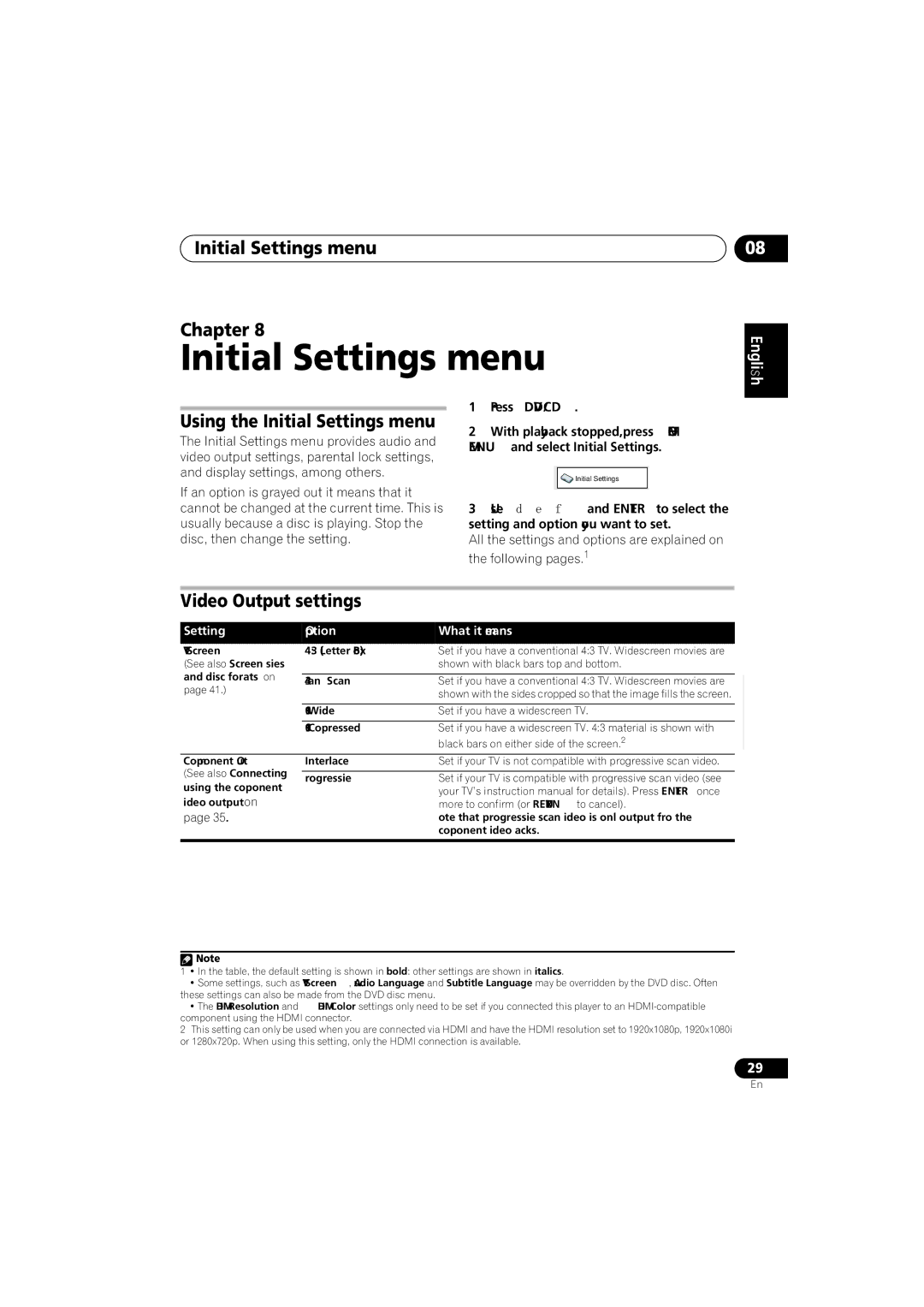 Pioneer S-DV170 Initial Settings menu Chapter, Using the Initial Settings menu, Video Output settings, Press DVD/CD 