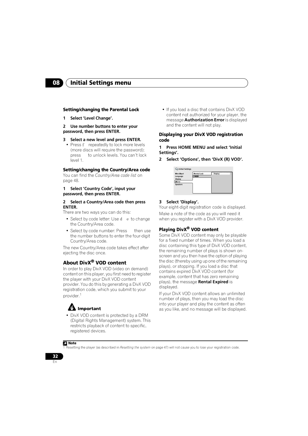 Pioneer HTZ270DVD manual About DivX VOD content, Setting/changing the Parental Lock, Setting/changing the Country/Area code 