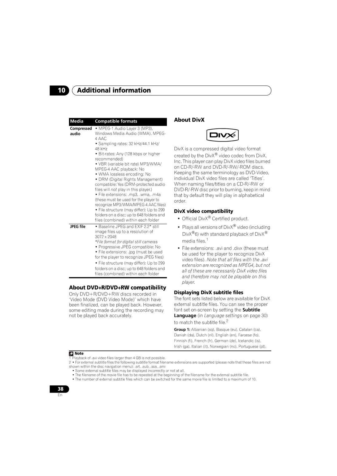 Pioneer HTZ171DVD, S-DV272T Additional information, About DivX, About DVD+R/DVD+RW compatibility, DivX video compatibility 