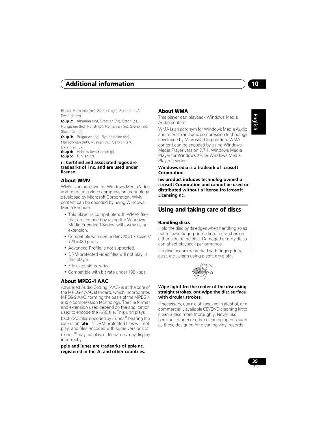 Pioneer S-DV272T, S-DV3SW, S-DV373 Using and taking care of discs, About WMV, About MPEG-4 AAC, About WMA, Handling discs 
