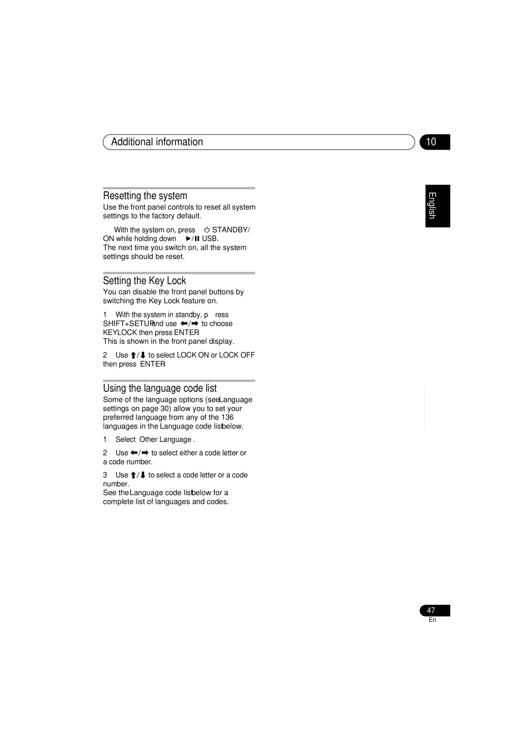 Pioneer XV-DV272, S-DV272T Additional information Resetting the system, Setting the Key Lock, Using the language code list 