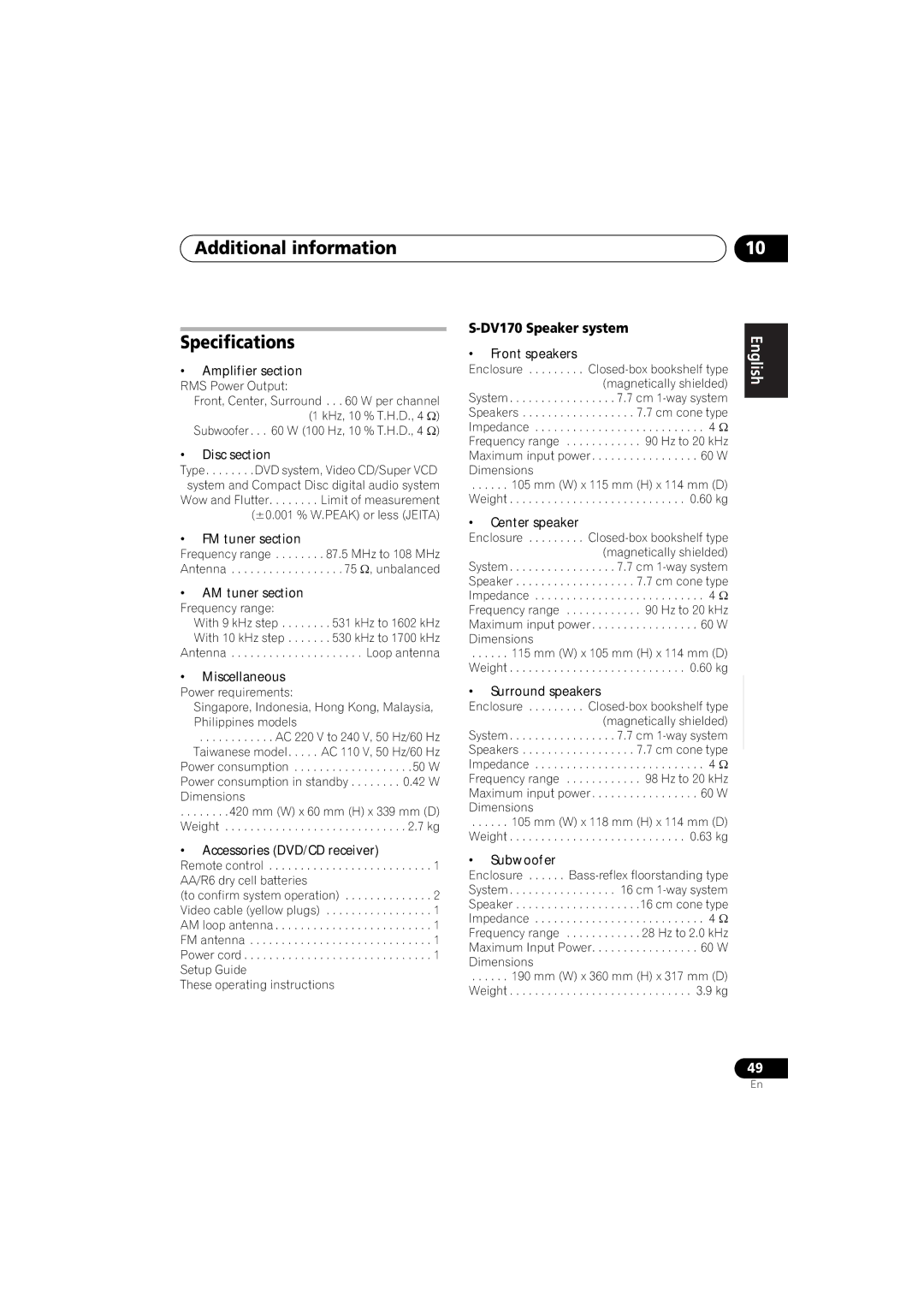 Pioneer XV-DV171, S-DV272T, S-DV3SW, S-DV373, S-DV170, S-DV270T Additional information Specifications, DV170 Speaker system 