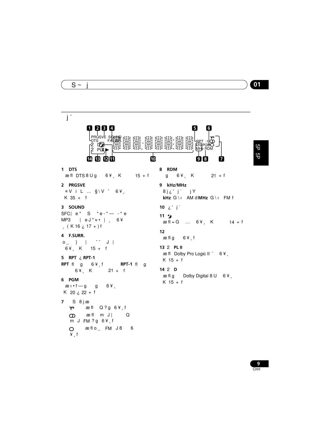 Pioneer XV-DV170, S-DV272T, S-DV3SW, S-DV373, S-DV170, S-DV270T, XV-DV270, HTZ270DVD 控制與顯示 顯示幕, RPT 及 RPT-1, 調諧器指示燈, 10 字元顯示幕 