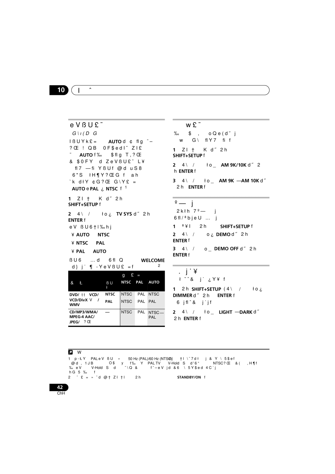 Pioneer S-DV3SW, S-DV272T, S-DV373, S-DV170, S-DV270T, XV-DV270, HTZ270DVD, XV-DV170 manual 10 其他資訊 電視系統設置頻率間距設置, 關閉展示功能, 調暗顯示幕亮度 