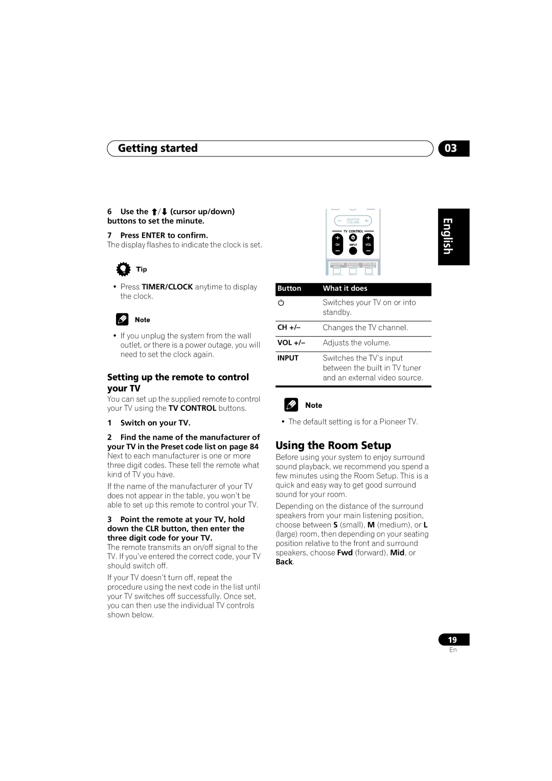 Pioneer XV-DV313, S-DV313 operating instructions Using the Room Setup, Setting up the remote to control your TV 