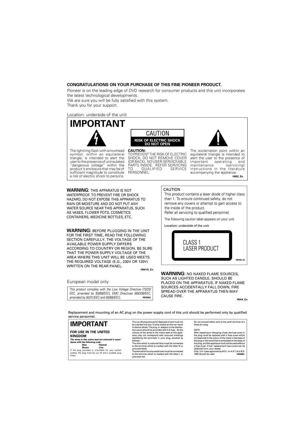 Pioneer S-DV313, XV-DV313 operating instructions European model only, Risk of Electric Shock Do not Open 