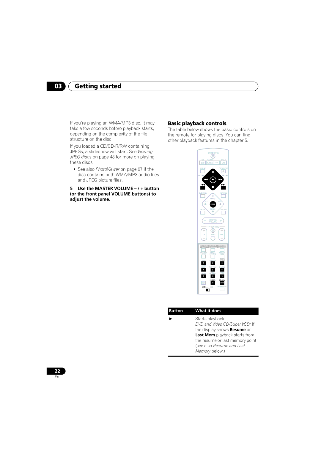 Pioneer S-DV313, XV-DV313 Basic playback controls, Starts playback, Display shows Resume or, Resume or last memory point 