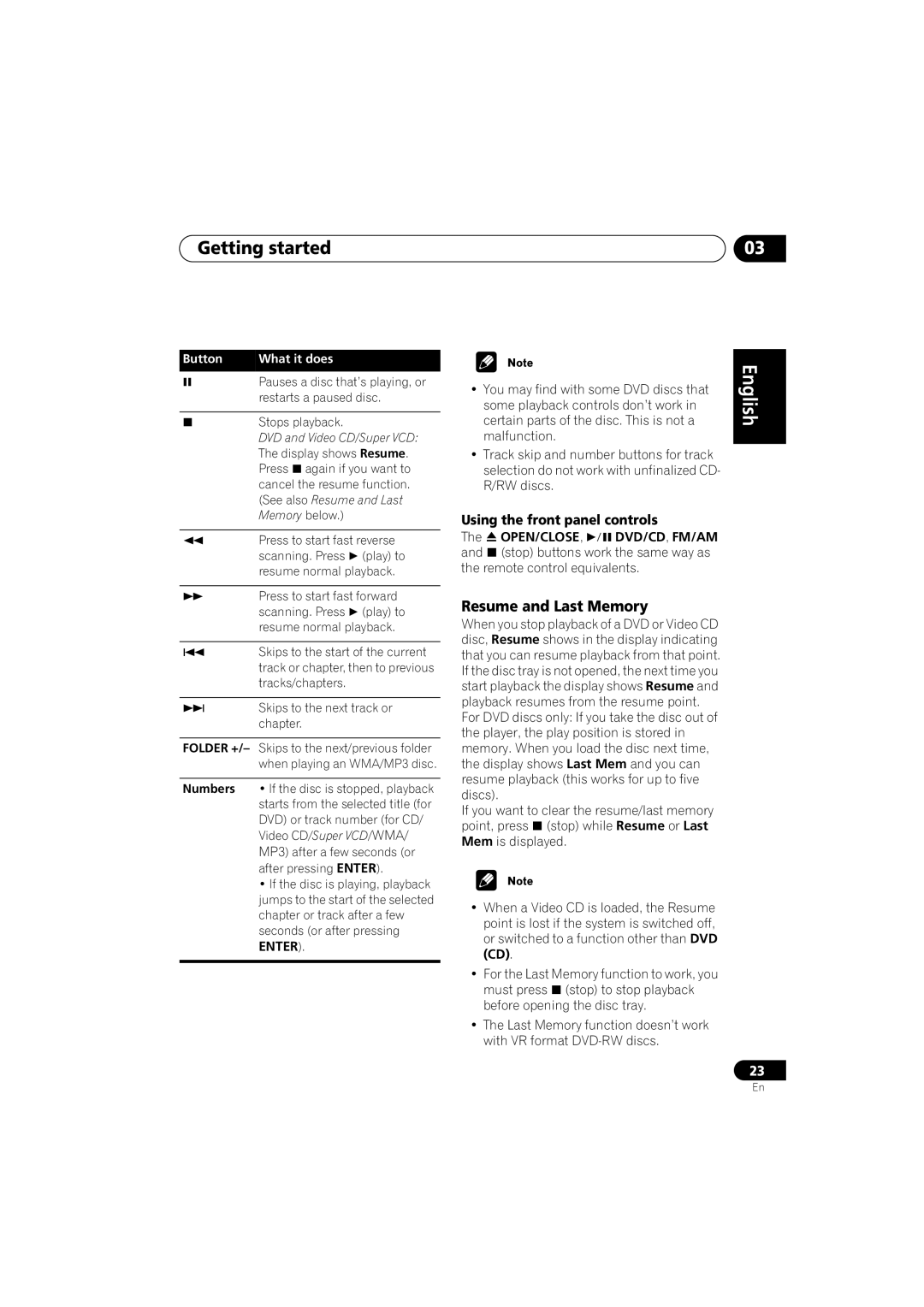 Pioneer XV-DV313, S-DV313 operating instructions Resume and Last Memory, Using the front panel controls 