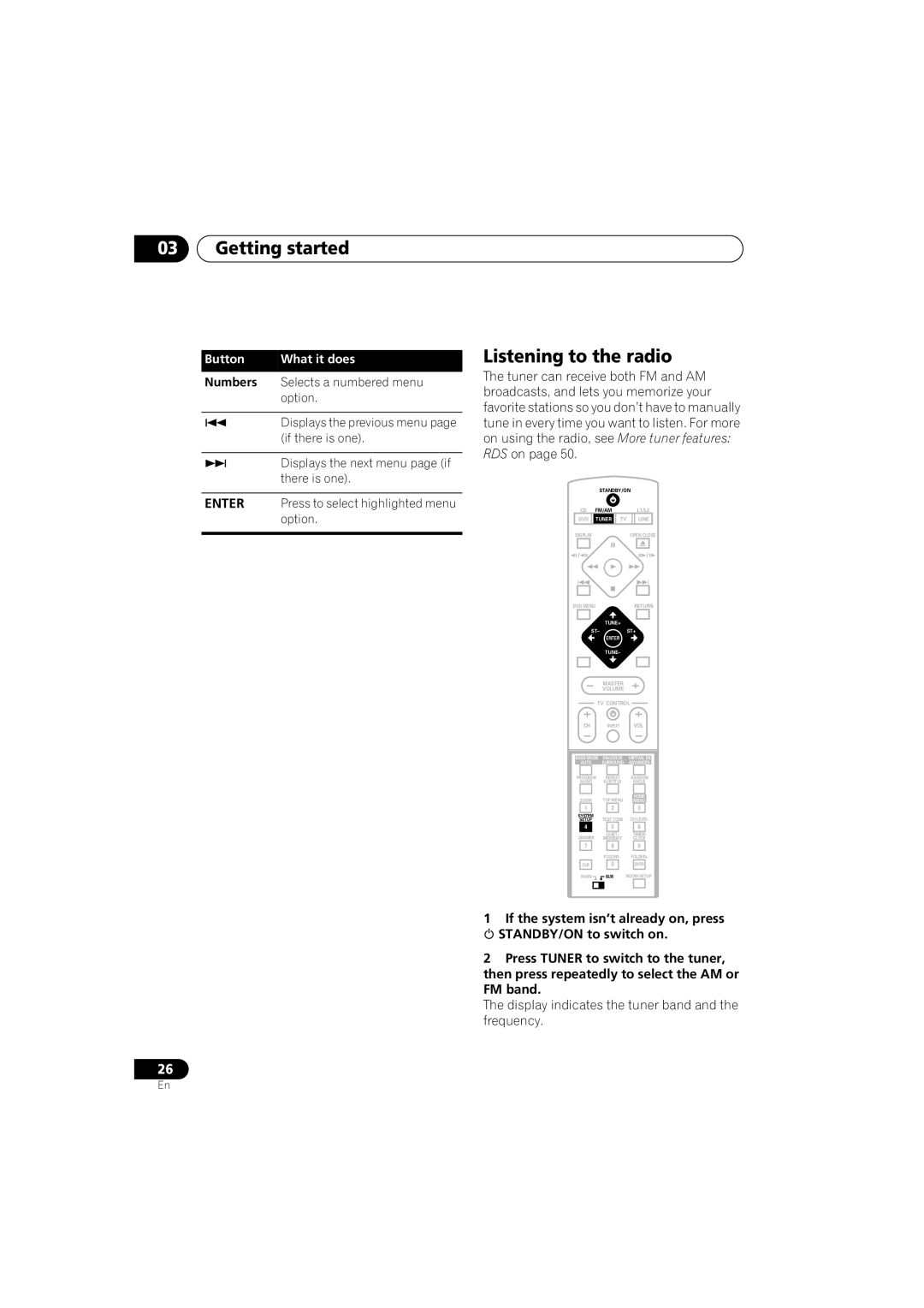 Pioneer S-DV313, XV-DV313 operating instructions Listening to the radio, Display indicates the tuner band and the frequency 