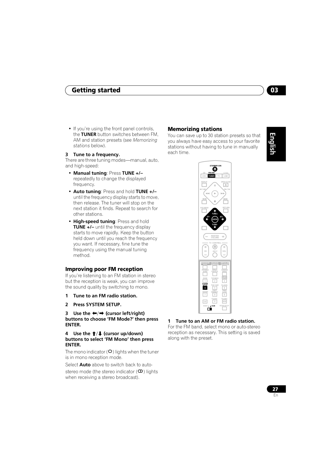 Pioneer XV-DV313, S-DV313 Improving poor FM reception, Memorizing stations, Tune to a frequency, Along with the preset 