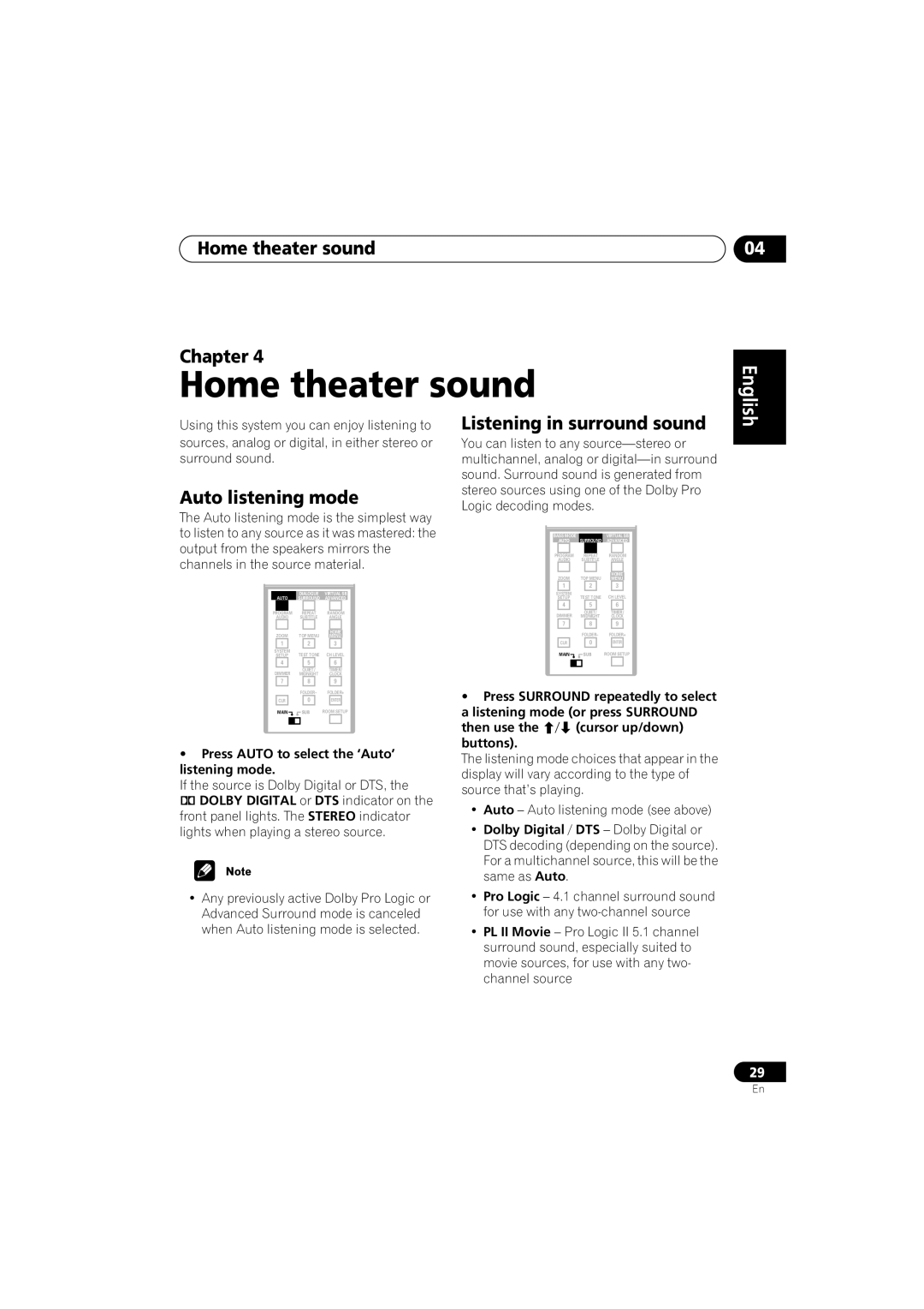 Pioneer XV-DV313, S-DV313 Home theater sound Chapter, Auto listening mode, Listening in surround sound 