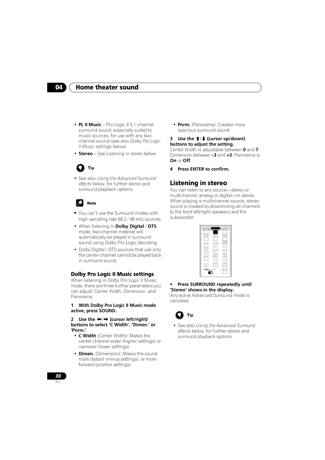 Pioneer S-DV313, XV-DV313 operating instructions Home theater sound, Listening in stereo, Dolby Pro Logic II Music settings 